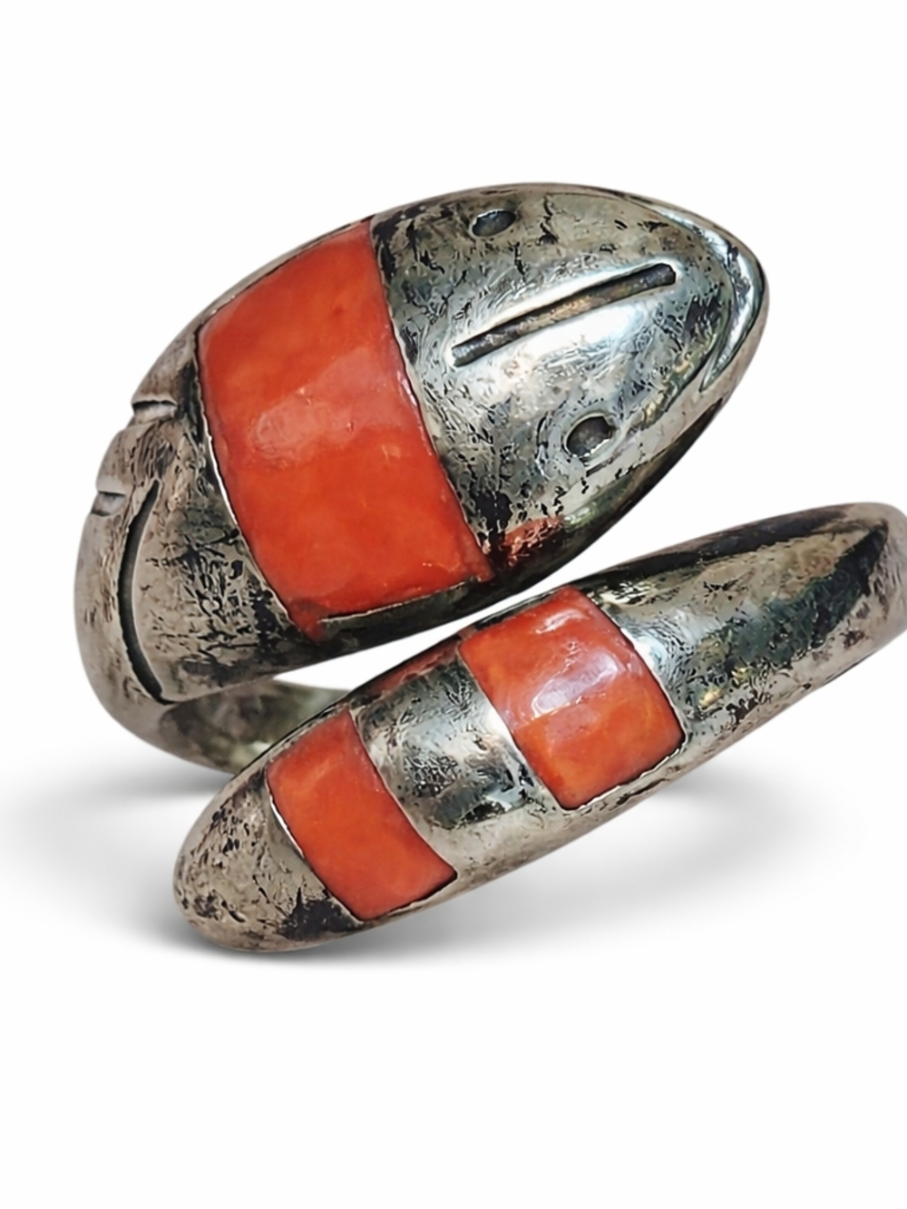 Vintage Taxco Mexico 925 Sterling Coral Inlay Snake Ring Size 4.5 Signed
